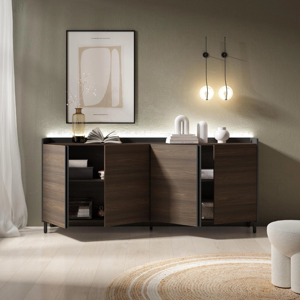 Credenza, Mobile, Cucina, 207x91x35 cm, 4 Porte, Design industriale, LED, Rovere scuro e Nero
