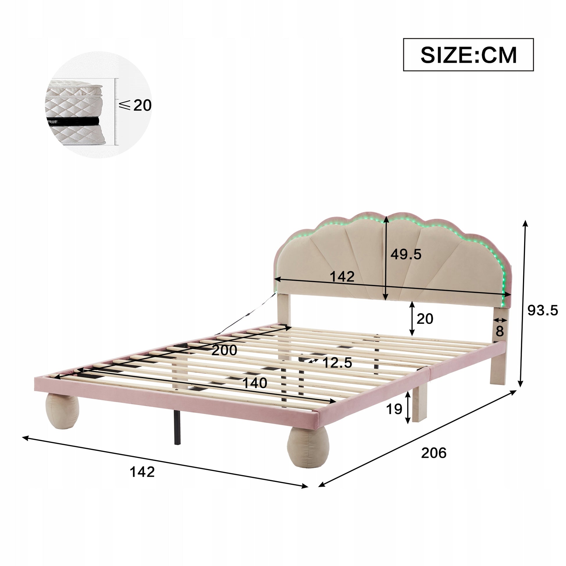 Letto imbottito con LED 140x200 - Xylo - Beige+Rosa, senza materasso