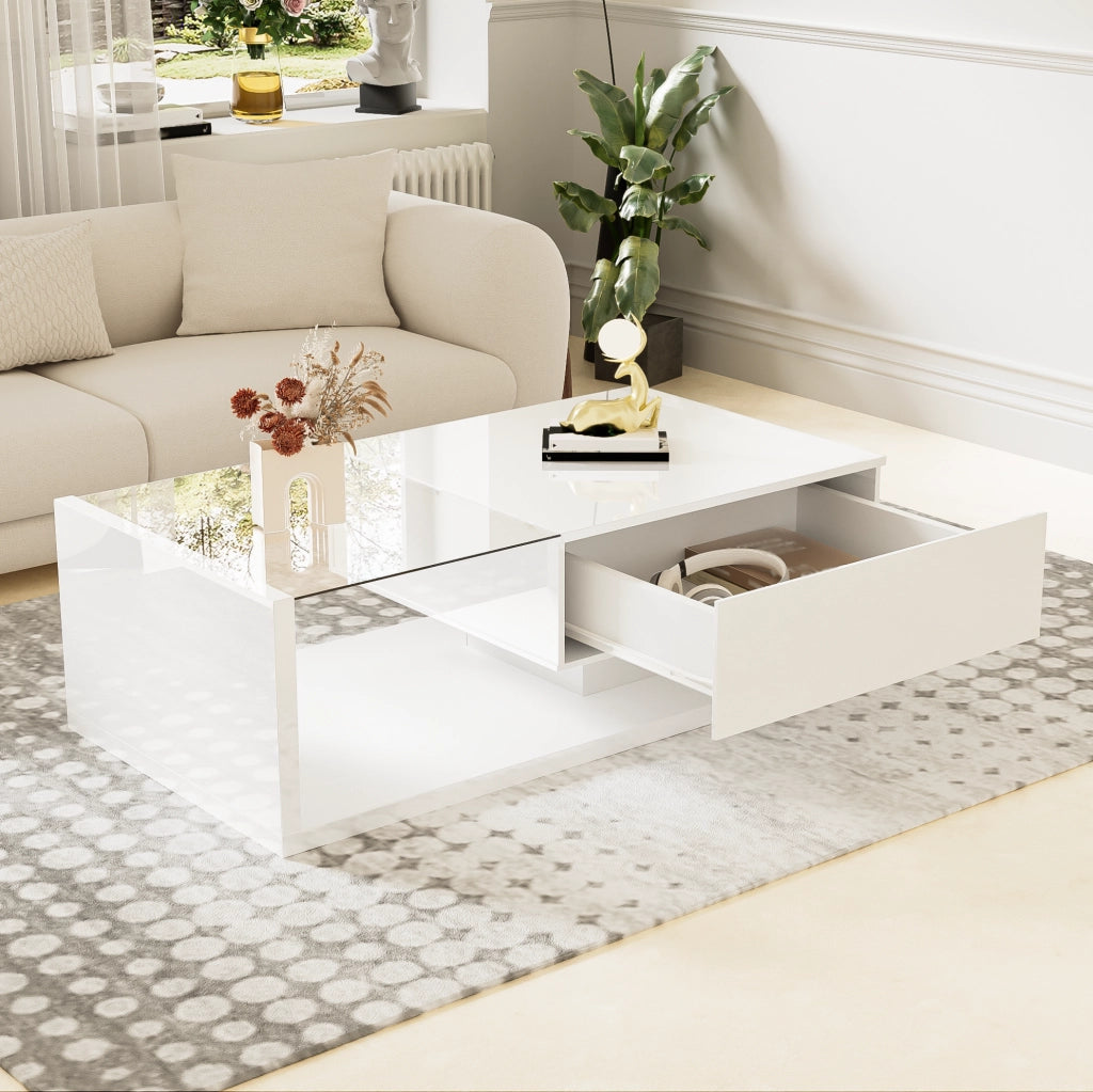 Tavolino da salotto moderno 105x55x32;5 cm in truciolare bianco lucido con LED e vetro temperato