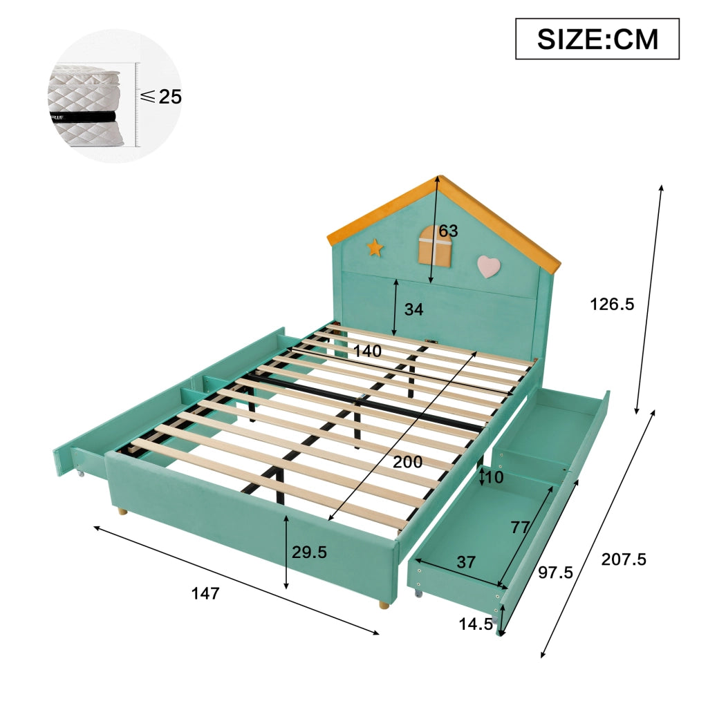 Letto imbottito per bambini a casetta 140x200 cm con 4 cassetti; velluto francese blu-verde