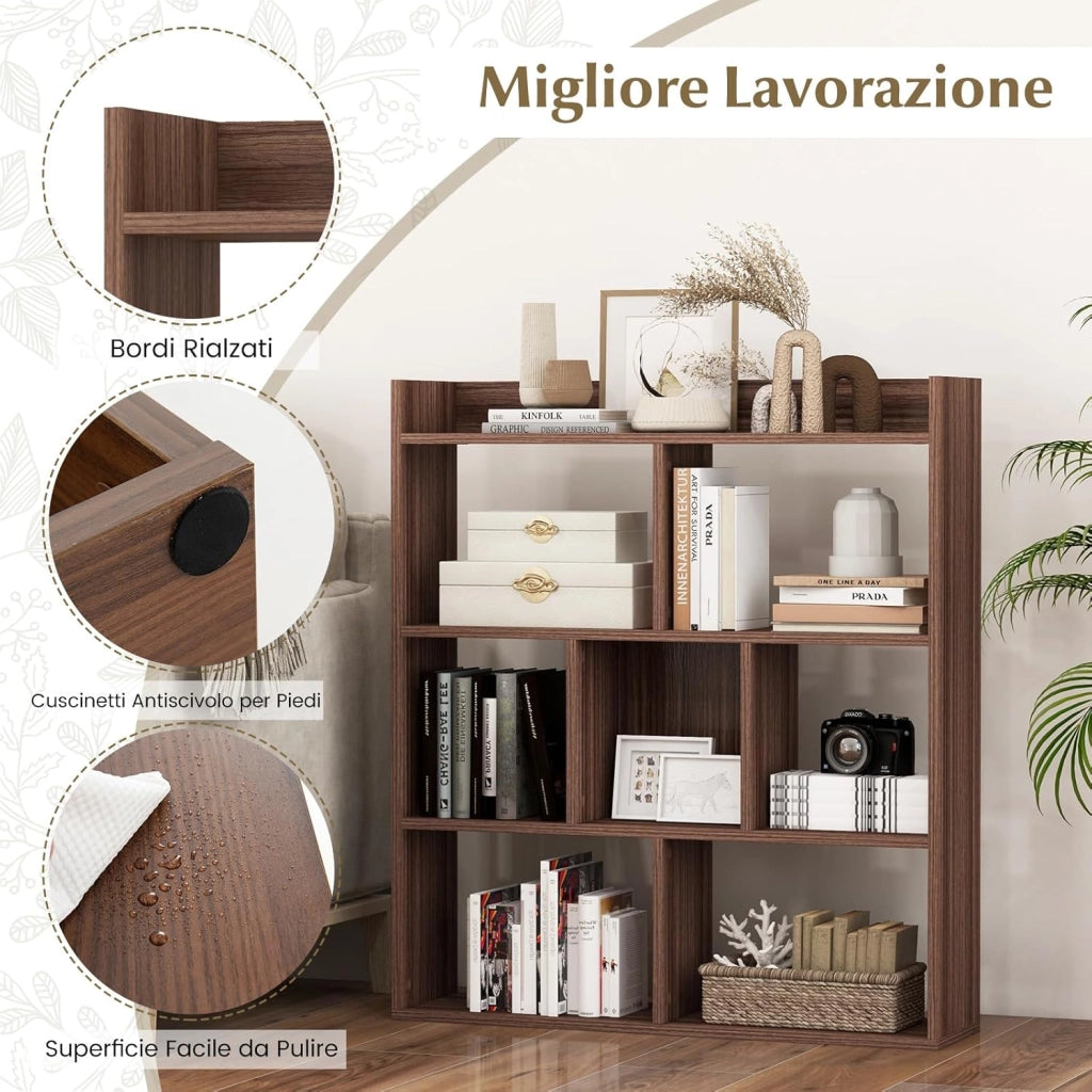Libreria a Cubi con 7 Scomparti, Mensola Espositiva per l'Archiviazione, Libreria in Legno con Dispositivi Anti-Ribaltamento, per Studio Soggiorno, 80x20x90 cm (Marrone)