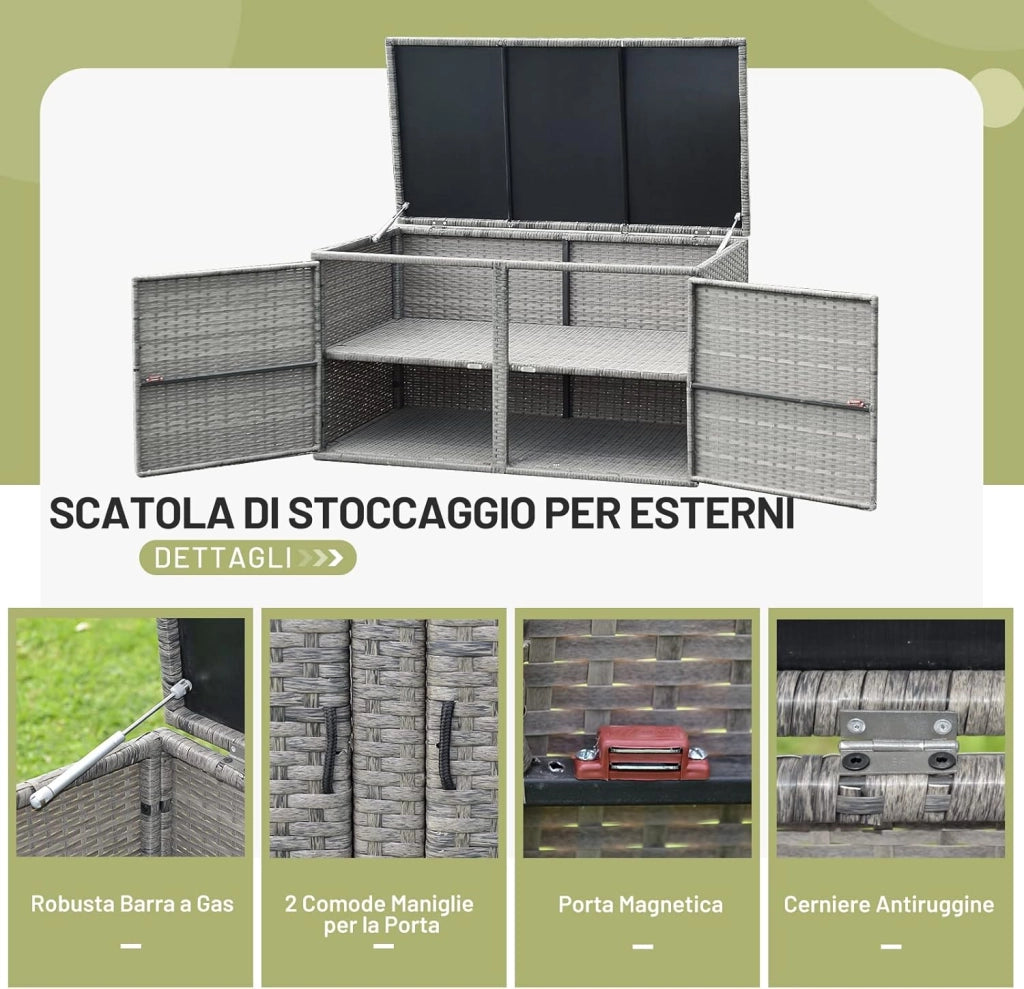 Baule Contenitore da 335L, con Coperchio e 2 Ripiani, Contenitore da Giardino con Telaio in Acciaio, Box per Conservazione di Attrezzi Giocattoli Accessori (Grigio)
