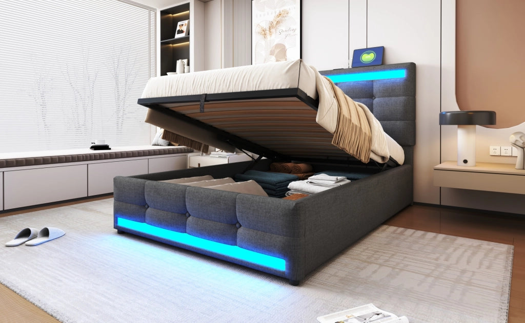 Letto singolo imbottito 90x200 cm con LED RGB, prese USB e contenitore, grigio lino