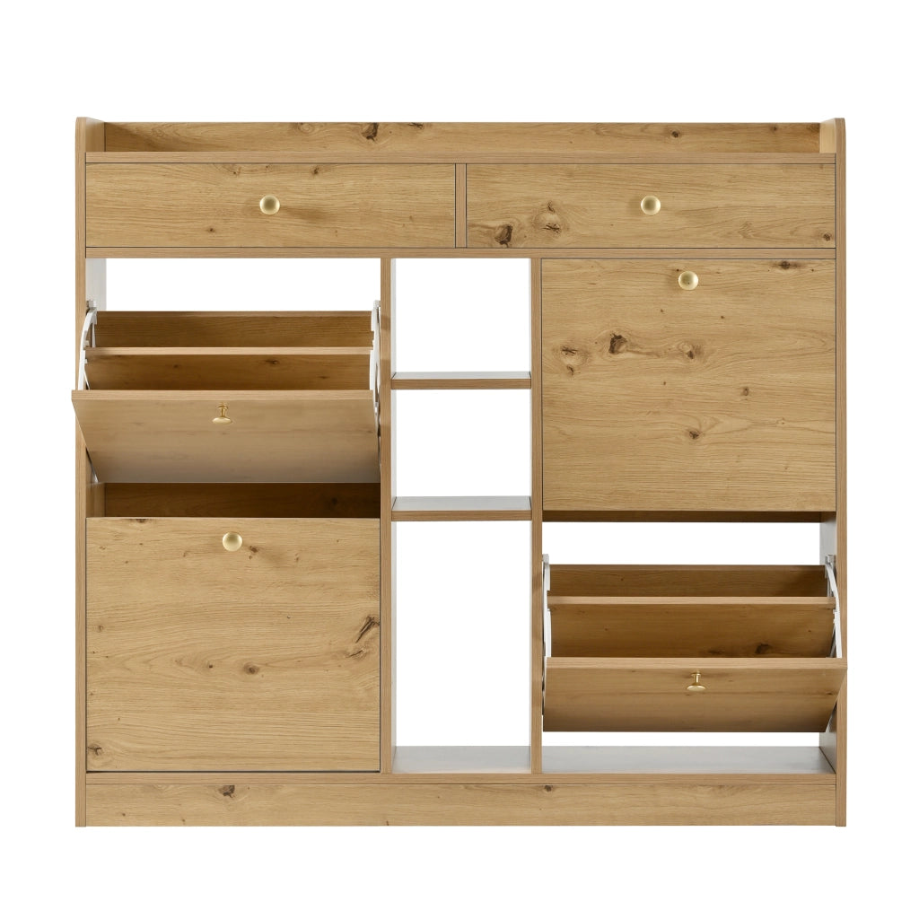 Mobile Scarpiera con 4 Ante a Ribalta; 2 Cassetti e 3 Vani Aperti; Stile Minimalista; in Pannello Truciolare; 110×26×100 cm; Naturale
