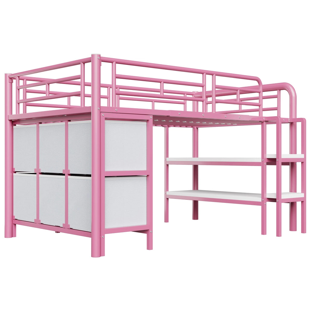 Letto a soppalco basso per bambini 90x200 cm in metallo e MDF rosa con scale larghe, cassetti e ripiani
