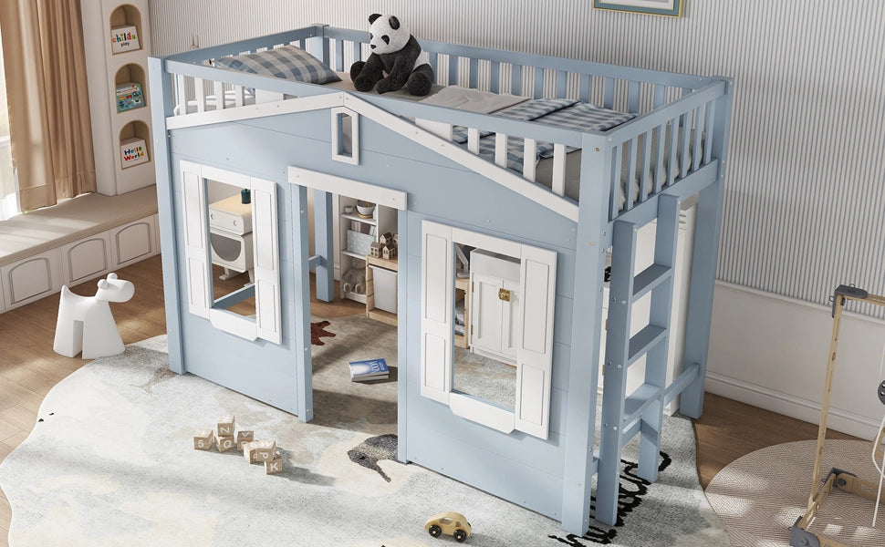 Letto a castello bambini blu in pino e MDF con funzione contenitore 90x200 cm