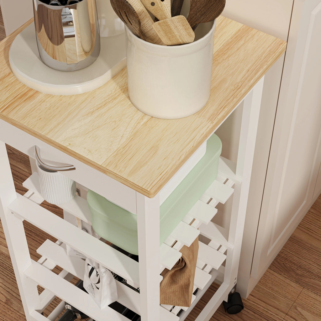 Carrello Portaoggetti Biel con Cassetto 3 Ripiani e Griglia Portabottiglie 76x37x37 cm - Bianco / Effetto Legno [en.casa]