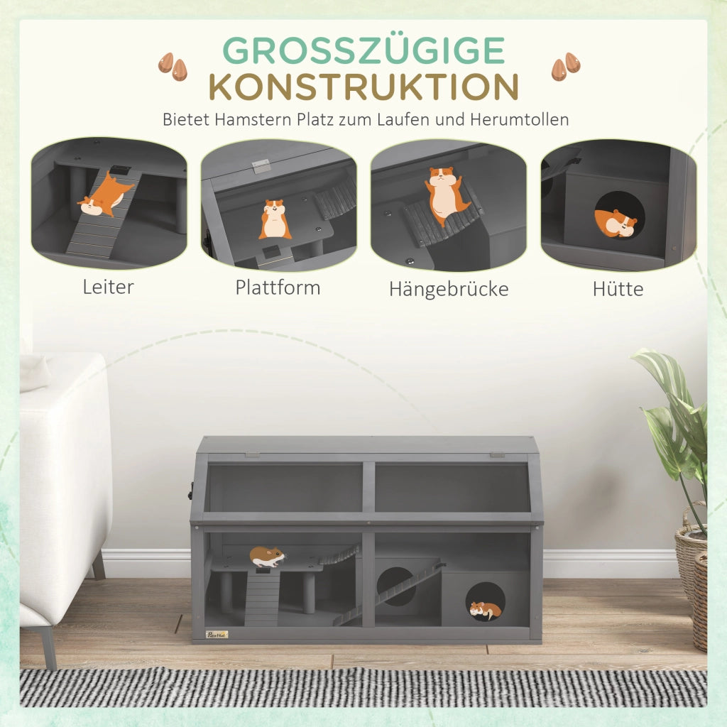 Gabbia per criceti in legno ¨C Xylo ¨C con ponte sospeso, scale, casetta, 84x45x44 cm, grigio