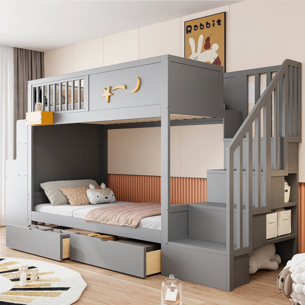 OKWISH Letto a Soppalco Letto Singolo, 2 Cassetti, Scala Contenitore e Scrivania, 90 x 200 cm, senza Materasso, Grigio