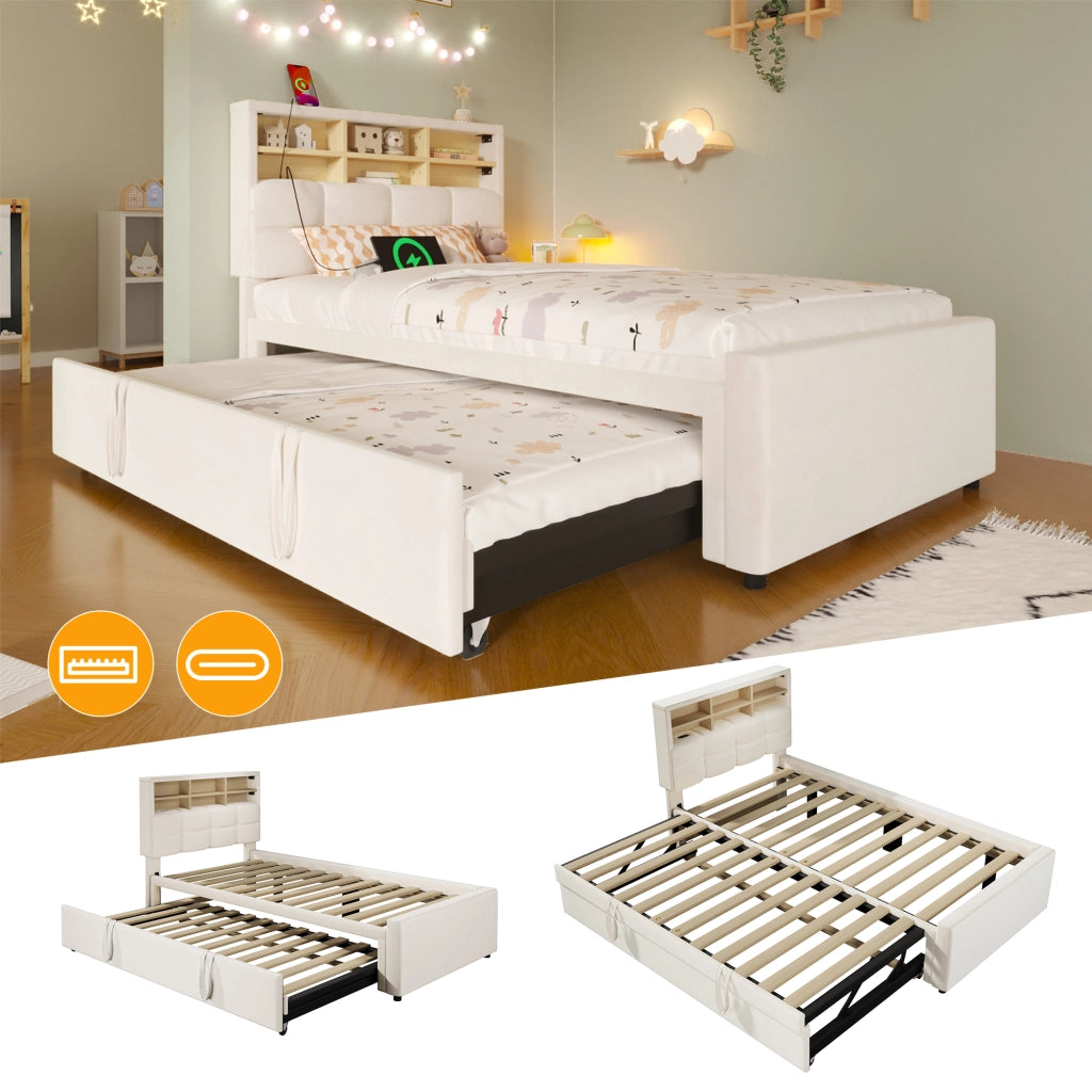 Letto singolo in velluto beige 90x200 cm con letto estraibile e prese USB