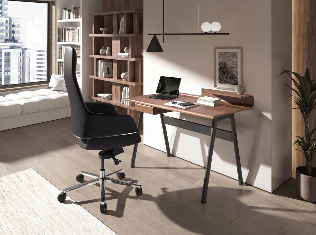 Scrivania in noce e fibra di vetro color grigio scuro metallizzato