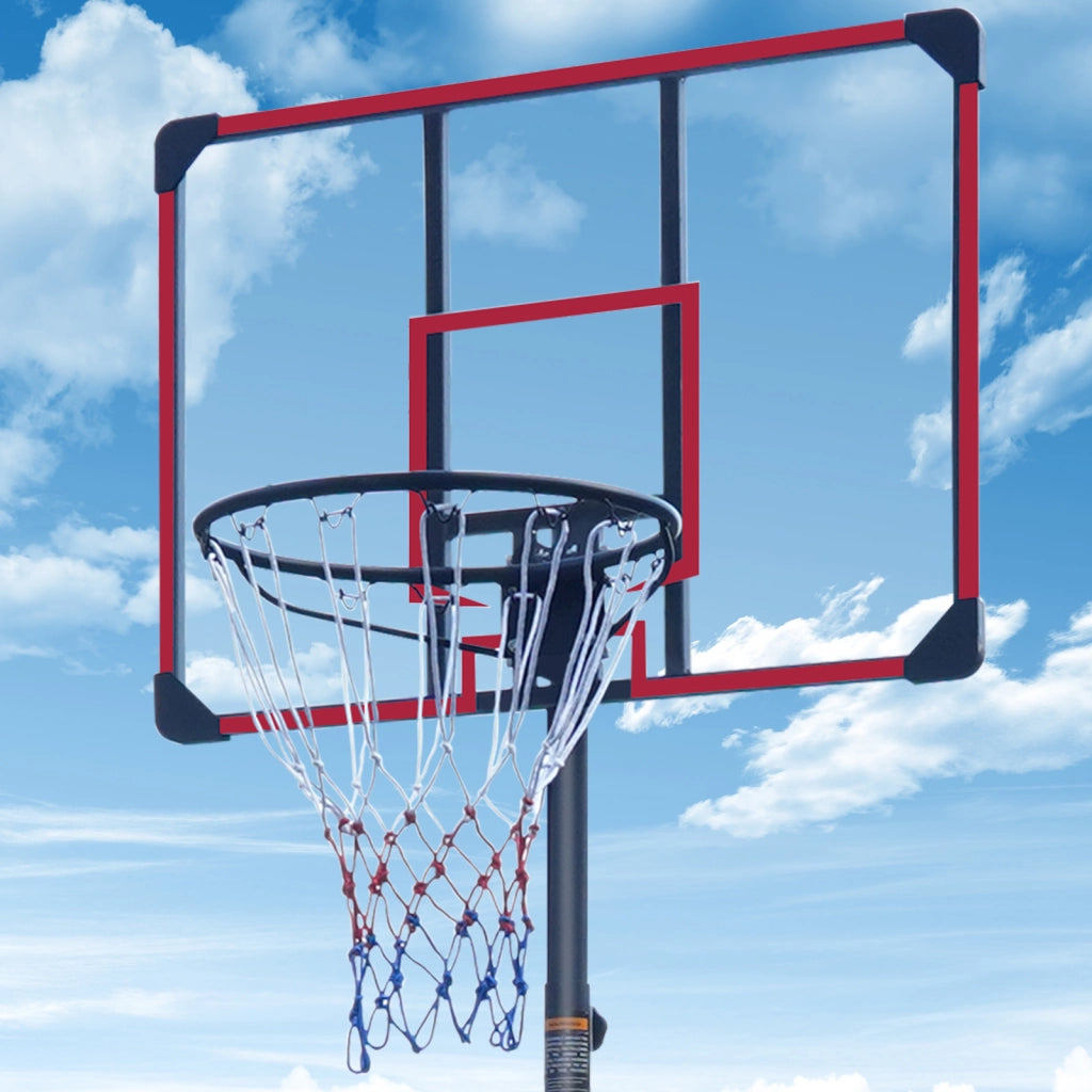 Canestro da basket regolabile in altezza con ruote, struttura in acciaio nero/rosso