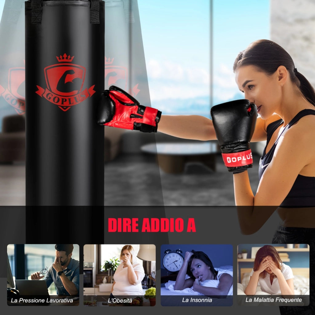 Sacco da boxe appeso con sotto guanti e guantoni da boxe 12 oz, Set sacco da boxe 28,5 kg per adulti Nero-Boxe
