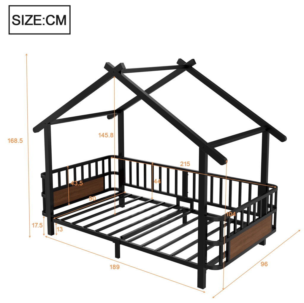 Letto per bambini a casetta 90x200 cm in metallo nero; con sponde di sicurezza e tetto decorativo