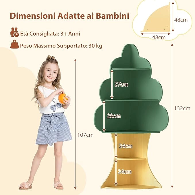 Libreria ad Albero per Bambini, Espositore per Libri a 5 Livelli con Anti-Ribaltamento, Libreria Angolare Salvaspazio per Camera da Letto Sala Giochi Asilo e Aula