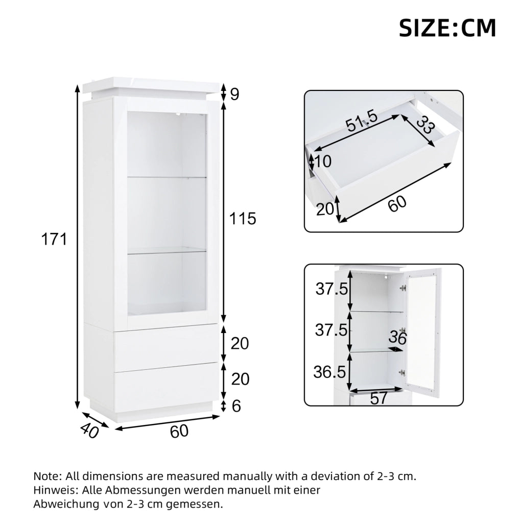 Vetrina alta 60x40x171 cm con 2 cassetti; LED controllato da app; bianco lucido