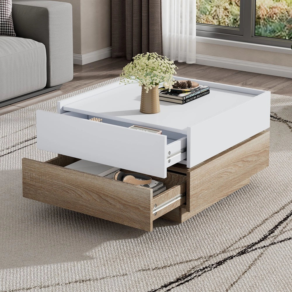 Tavolino da Caff¨¨ Girevole 360¡ã ¨C MINIMAL ¨C Bianco, 2 Ripiani, Noce, 60x60x38 cm