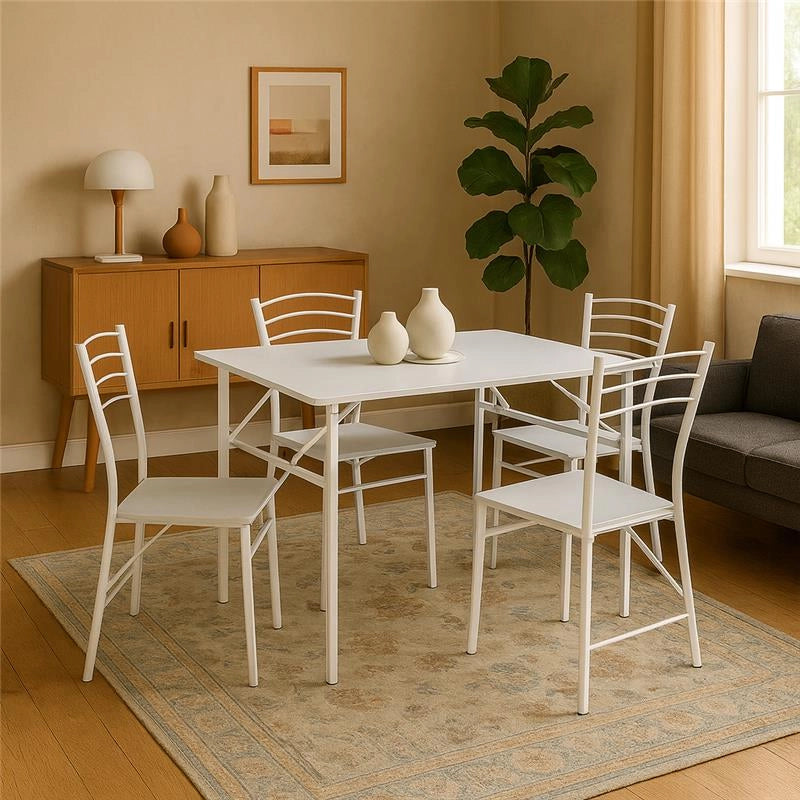 SET EASY CON TAVOLO E 4 SEDIE PIEGHEVOLI COLORE BIANCO, STRUTTURA IN METALLO E SEDUTA IN LEGNO