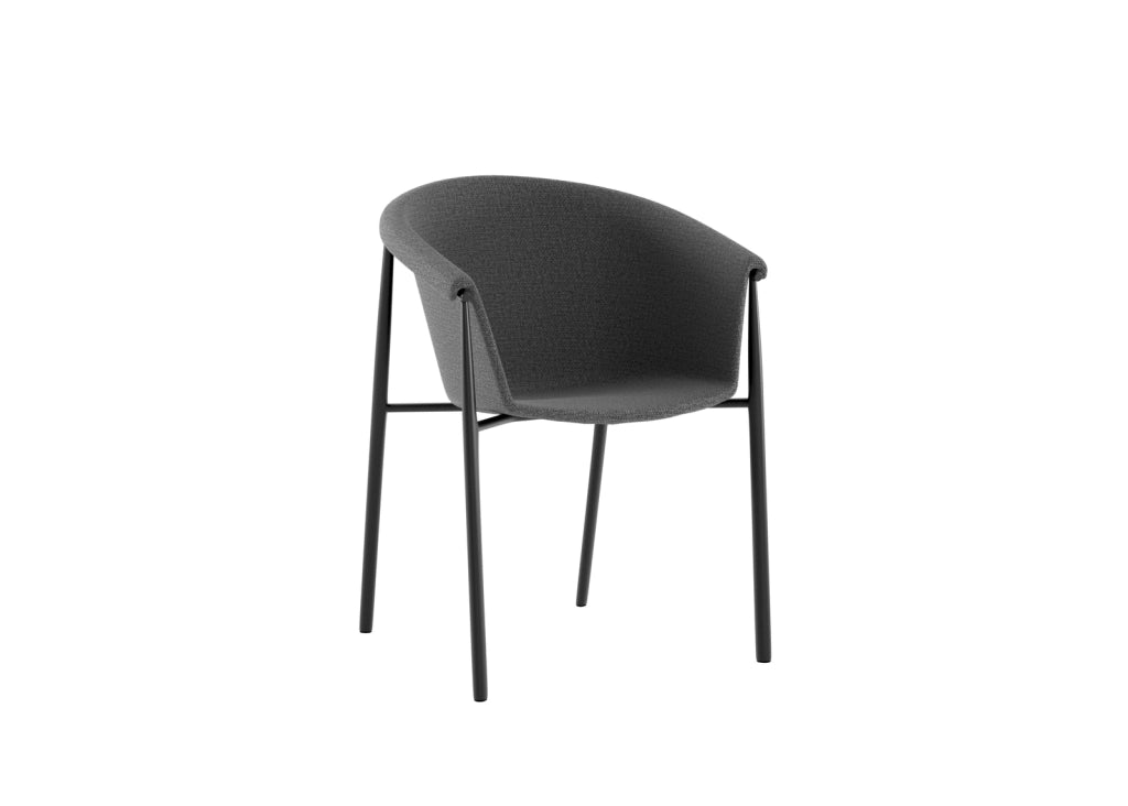 Sedia da pranzo Nari con scocca a guscio imbottita in tessuto Grigio Scuro e gambe in metallo Nero dal design moderno - 56x58x79 cm