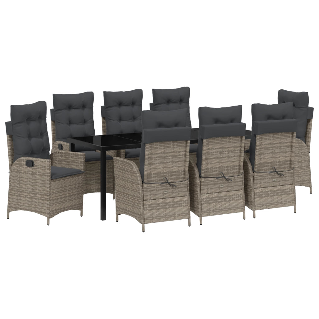 Set da Giardino da 9 pezzi con Cuscini Grigio Polyrattan