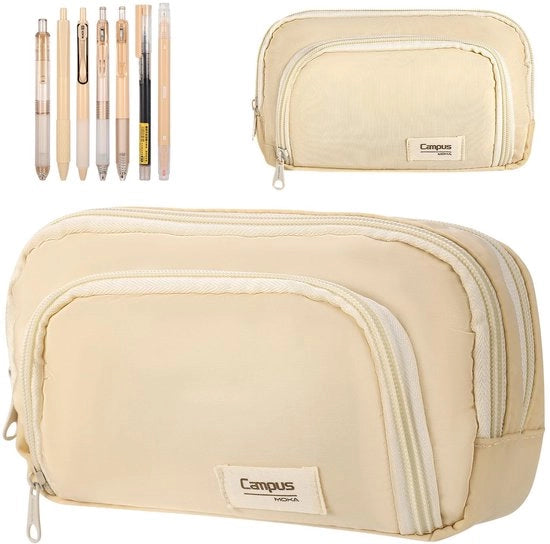 Etui Grande Estetico con 7-pack Pennarecchi Gommosi, Organizzatore di Materiale di Scrittura Estetico, Etui Multifunzionale (Beige)