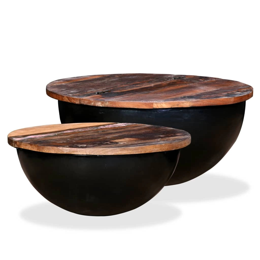 Set di 2 tavolini da caffè legno massello di recupero forma a ciotola nero 02_0042122