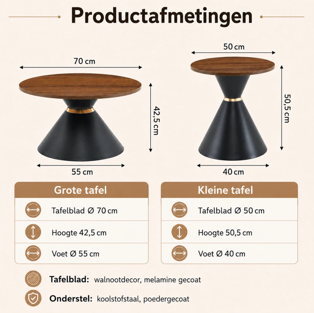 Set di 2 tavolini da caffè con design conico; in metallo; walnut e nero