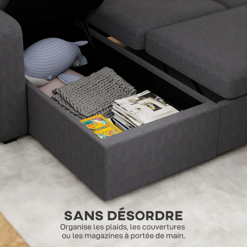 Divano letto angolare in velluto con contenitore e cuscini ¨C zephmum ¨C grigio 205x135x76 cm