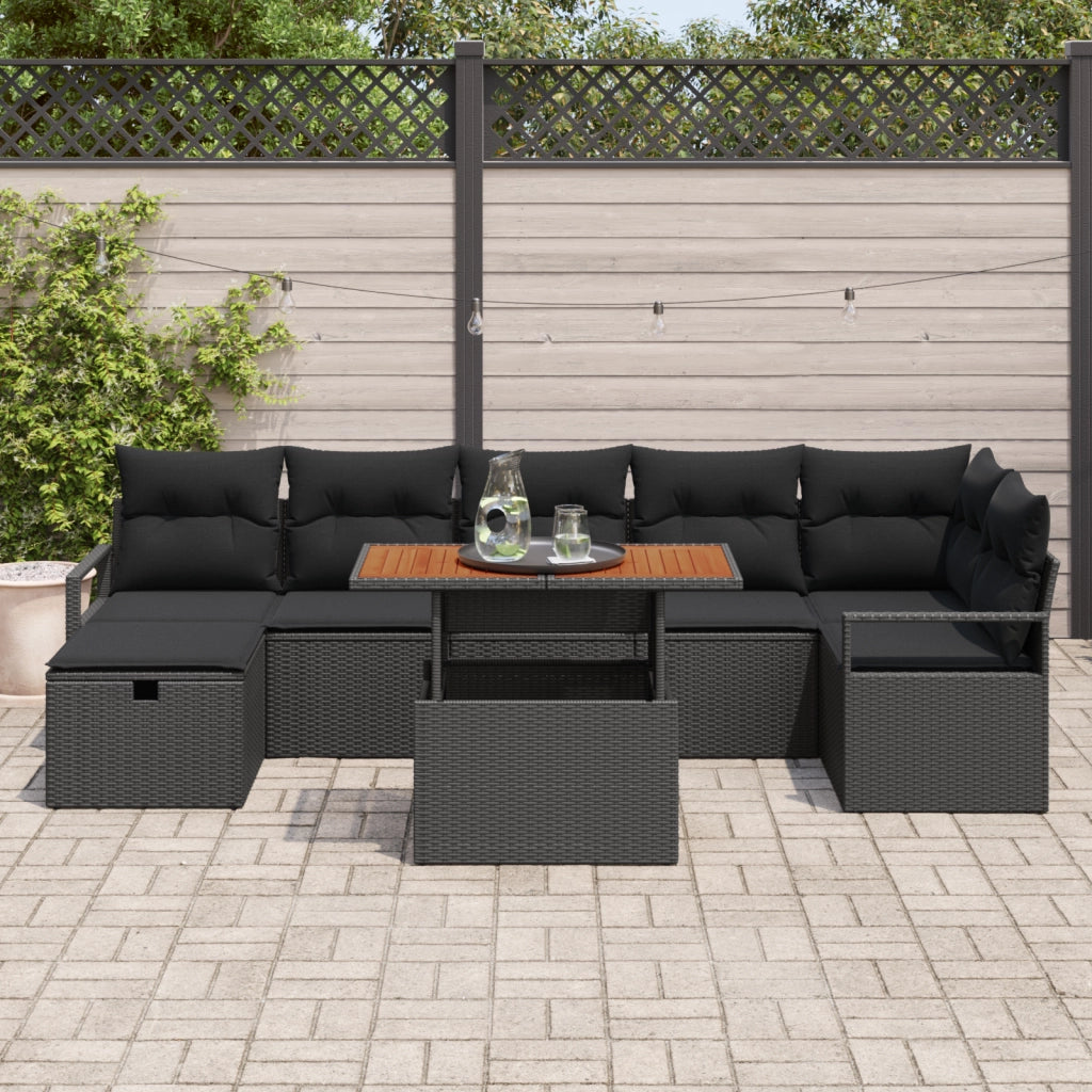 Set Divano da Giardino 8 Pezzi con Cuscini Polyrattan Nero
