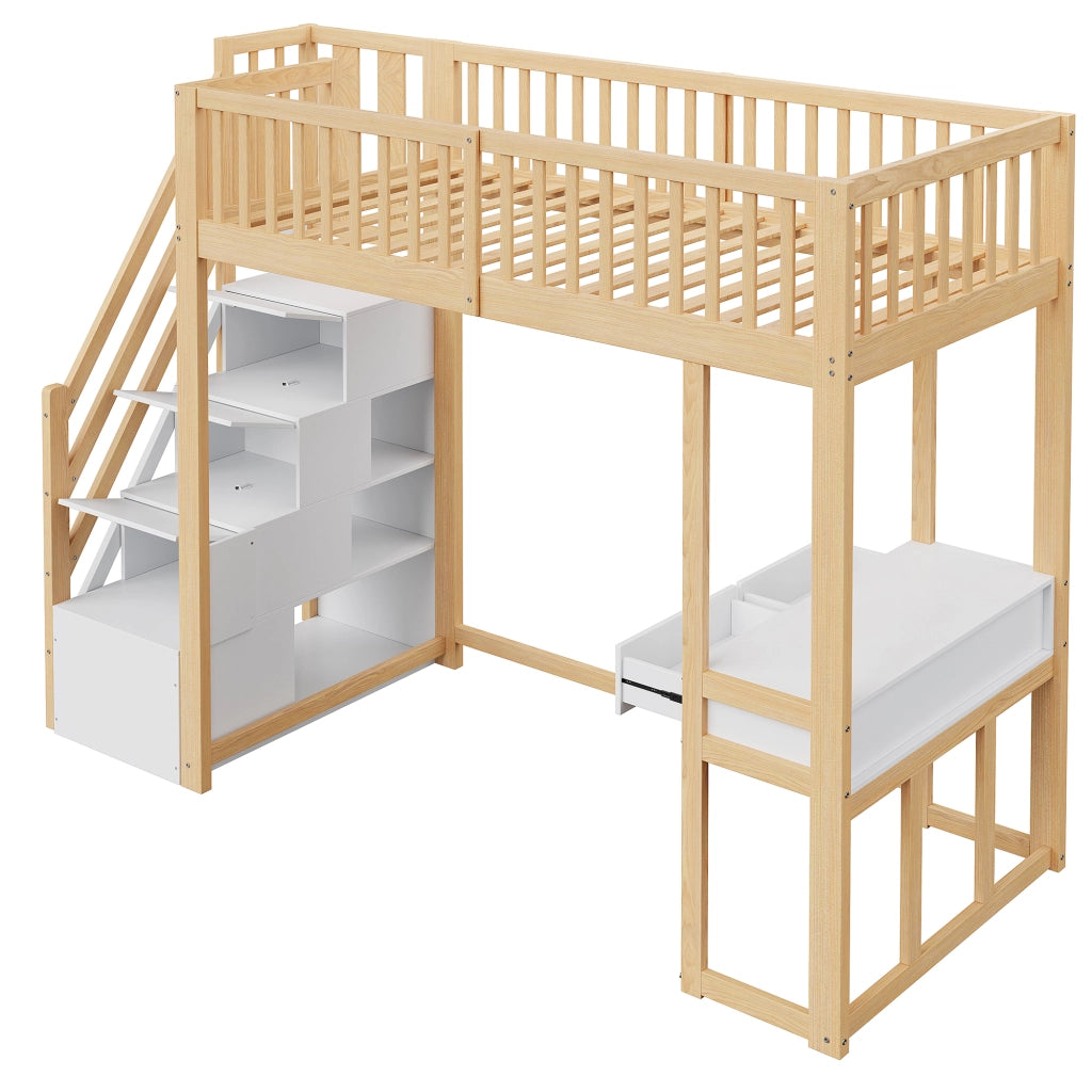 LETTO A SOPPALCO 90x200 cm con tavolo multifunzione, scala contenitore, bianco e rovere chiaro