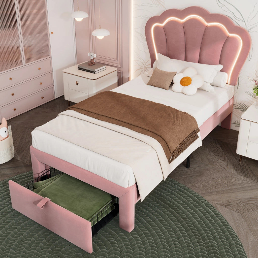 OKWISH Letto Singolo Bambini 90×190 cm con LED RGB, Cassetto, Telecomando e Testiera Regolabile, senza Materasso, Velluto Rosa