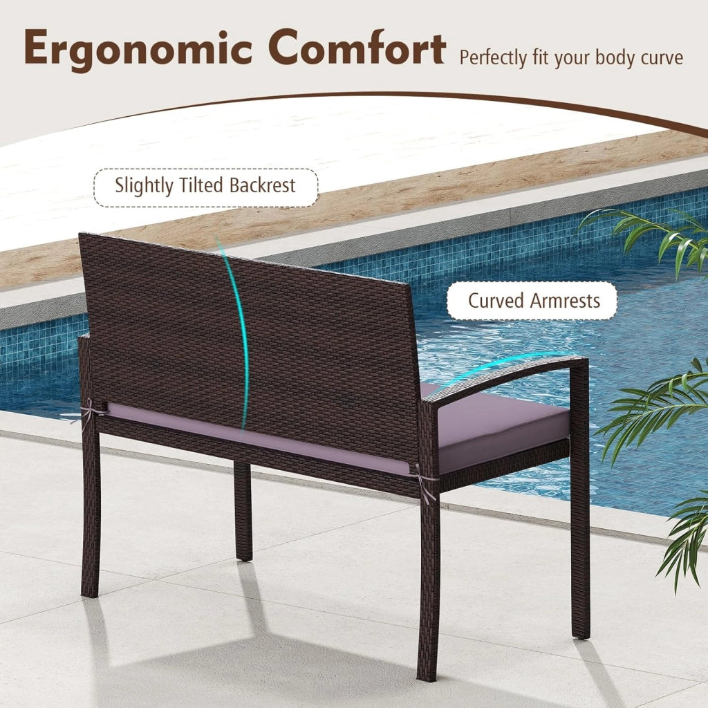GIANTEX Panca da Giardino 2 Persone in Rattan, Panca da Esterno con Cuscino di Seduta Rimovibile, Struttura in Metallo, Carico 360 kg, Schienale e Braccioli, per Veranda, Giardino, Balcone, Terrazza