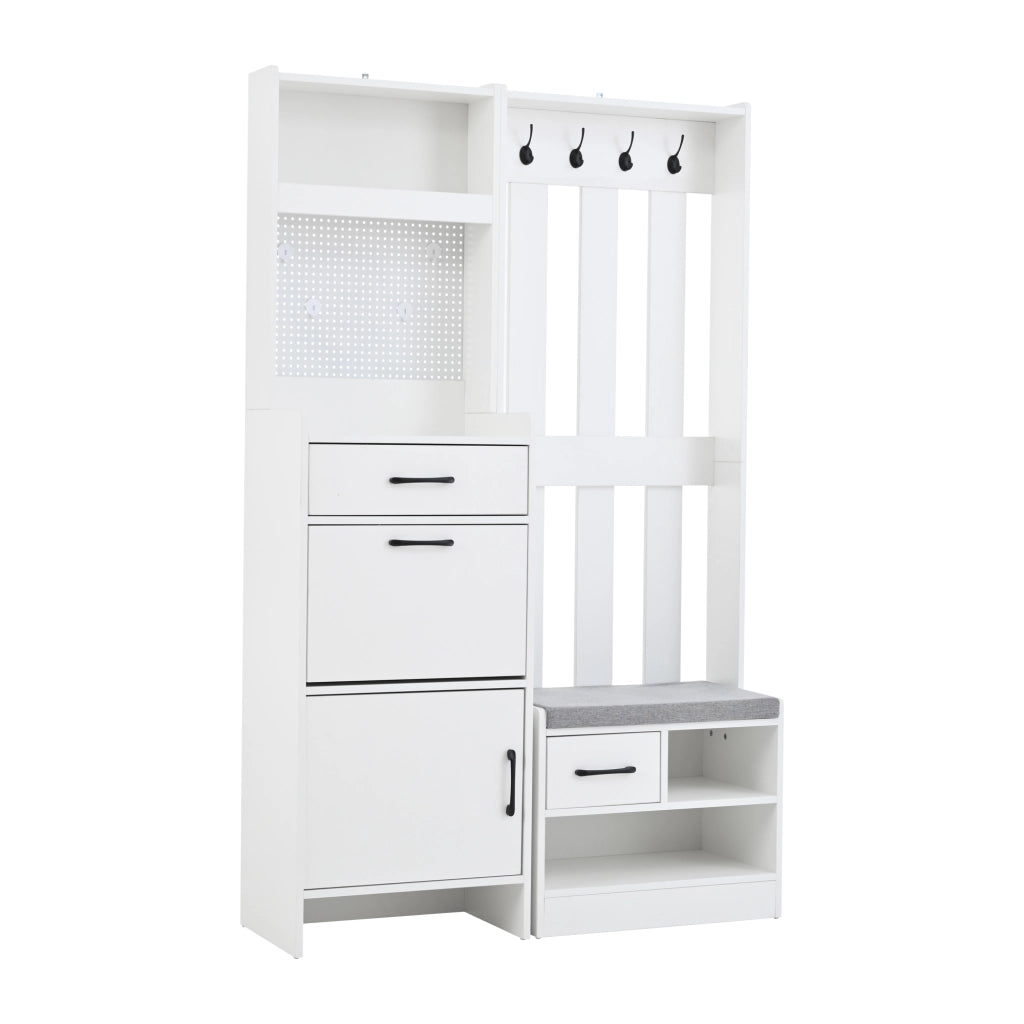 Mobili da ingresso con panca portascarpe e 2 cassetti, 7 ganci e pannello forato, bianco 110 × 35 × 175,5 cm