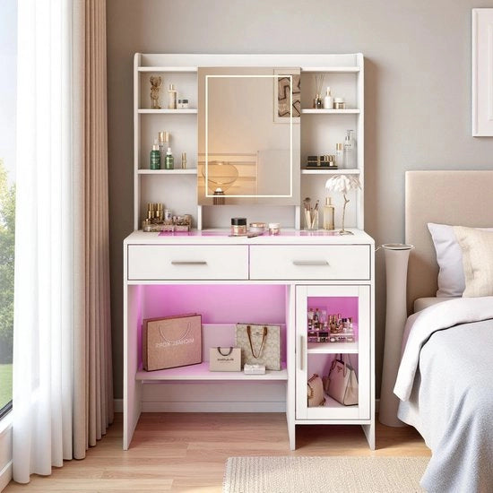 Set di specchi e tavolo da notte con illuminazione a LED regolabile, completo di specchio e sgabello, design moderno per la stanza da letto
