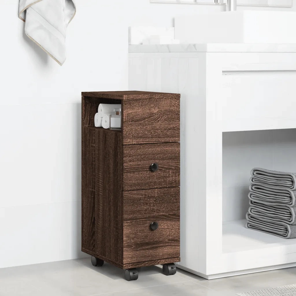 Mobile da Bagno Stretto con Ruote Rovere Marrone in Truciolato