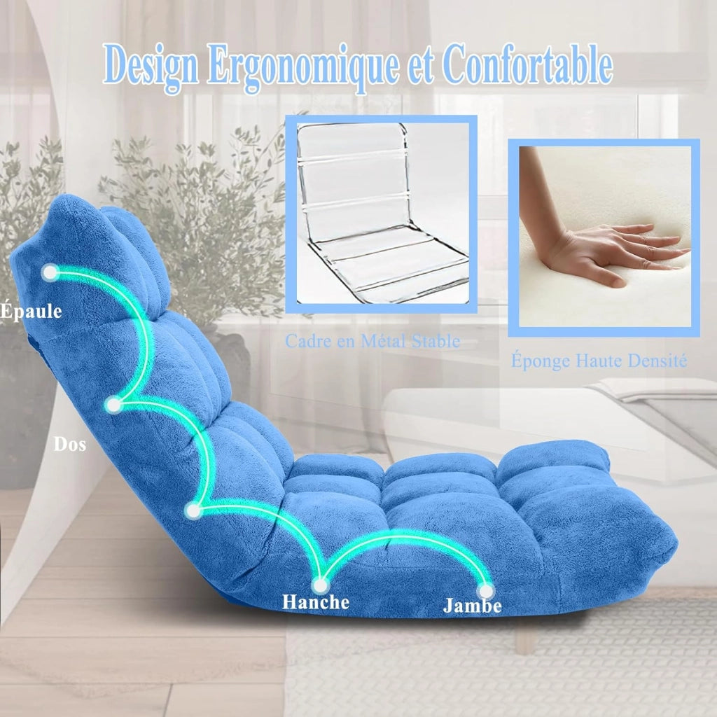 Sedia da pavimento con schienale regolabile, divano da pavimento pieghevole, poltrona da pavimento imbottita, sedia da meditazione per casa e ufficio (blu)