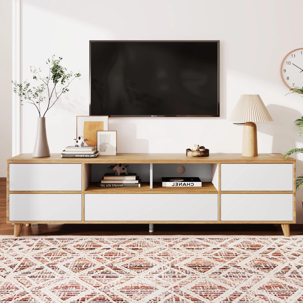 Mobile TV con 4 Ante e 2 Vani; Stile Moderno; Soggiorno; 175??37??51 cm; in MDF; Bianco e Effetto Legno