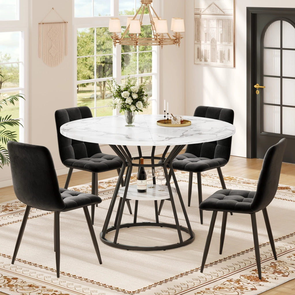 Set tavolo da pranzo con 4 sedie nere, piano effetto marmo 100x100 cm