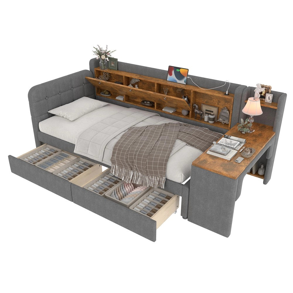 Letto Singolo Divano con 2 Cassetti e Scrivania ¨C MINIMAL ¨C Tessuto Grigio 90x200