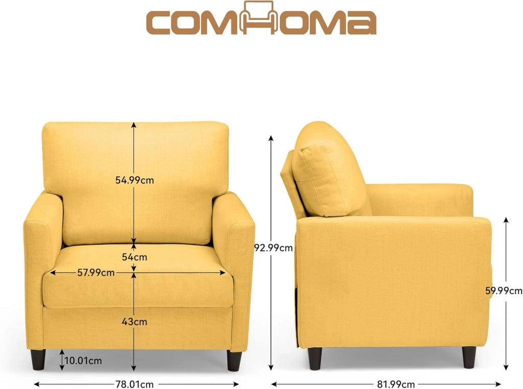 Poltrona Relax per TV, Poltrona Lounge per Soggiorno, Divano Singolo per Camera da Letto, Angolo Lettura, Seduta Laterale con Morbido Memory Foam, Rivestimento in Lino, Giallo