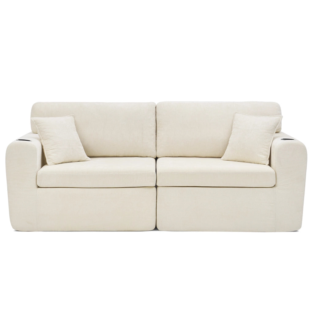 Divano relax 2 posti in ciniglia beige con USB; portabicchieri e tasche