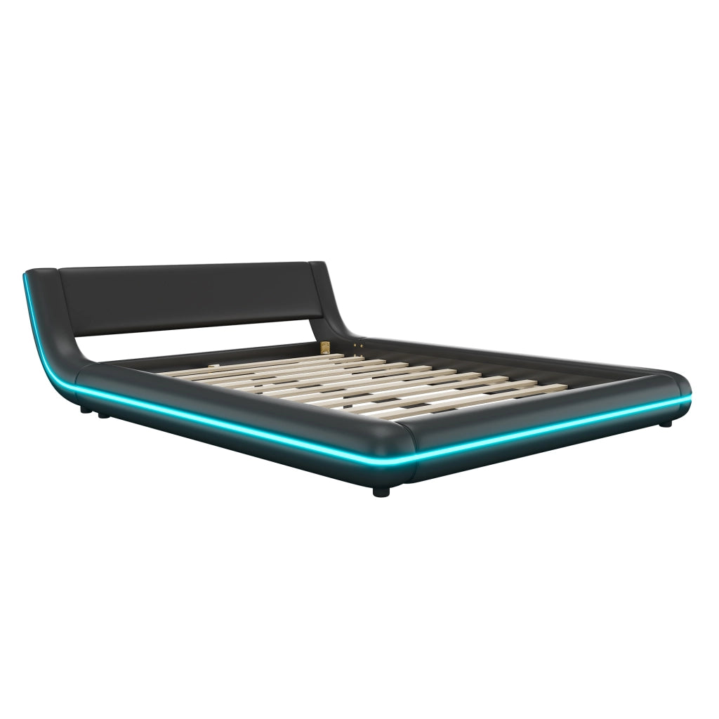 Letto basso matrimoniale 140×200 cm con LED regolabili; PU e MDF; senza materasso; nero per camera da letto