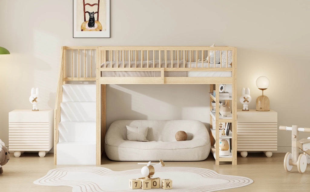 Letto a castello in legno massello naturale con recinzione alta funzione contenitiva 90x200 cm
