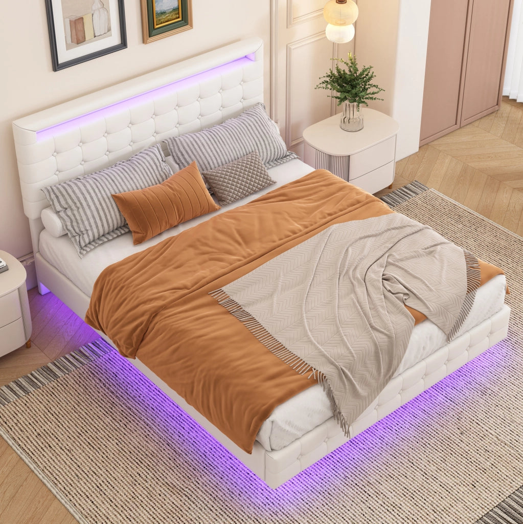 Letto matrimoniale 140x200 cm con LED, testiera regolabile e design sospeso