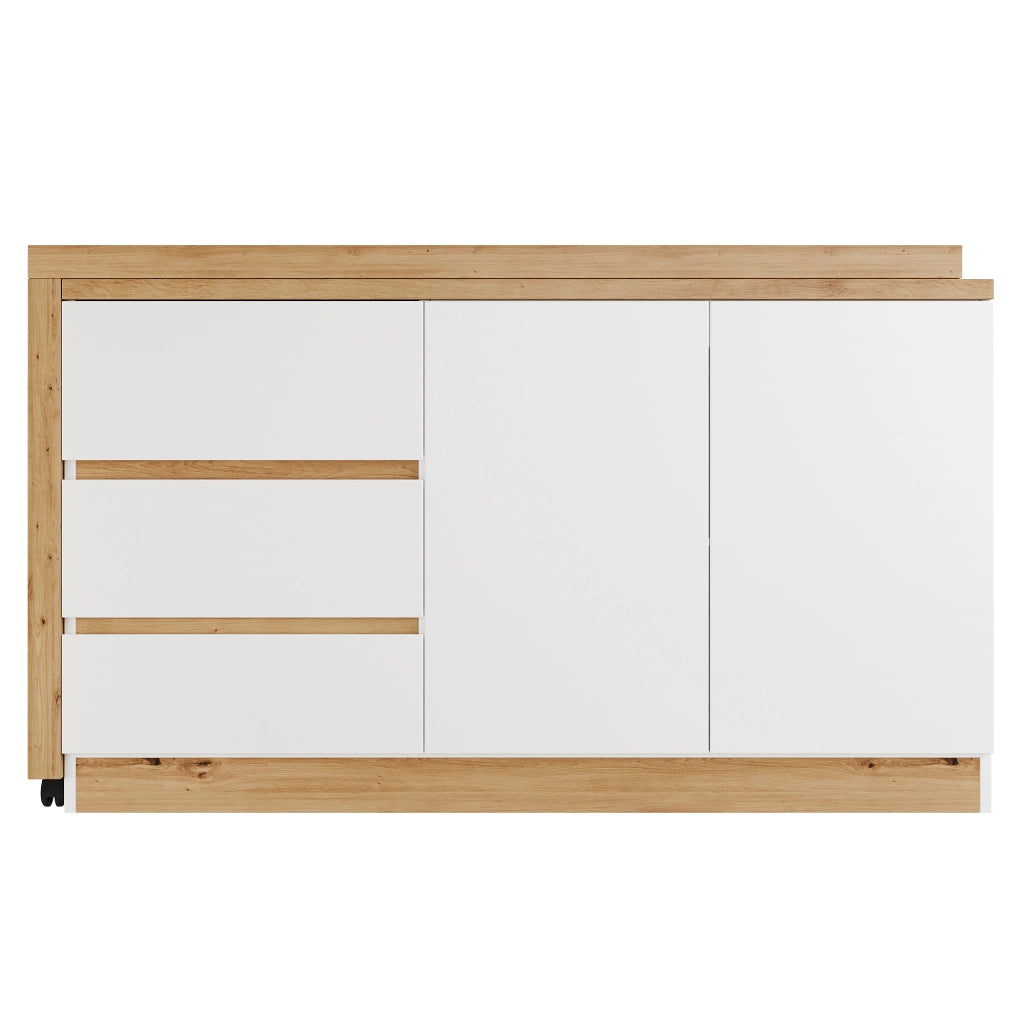 Scrivania pieghevole girevole con ruote frenanti, 2 porte e 3 cassetti, 120x50x78 cm, bianco e rovere