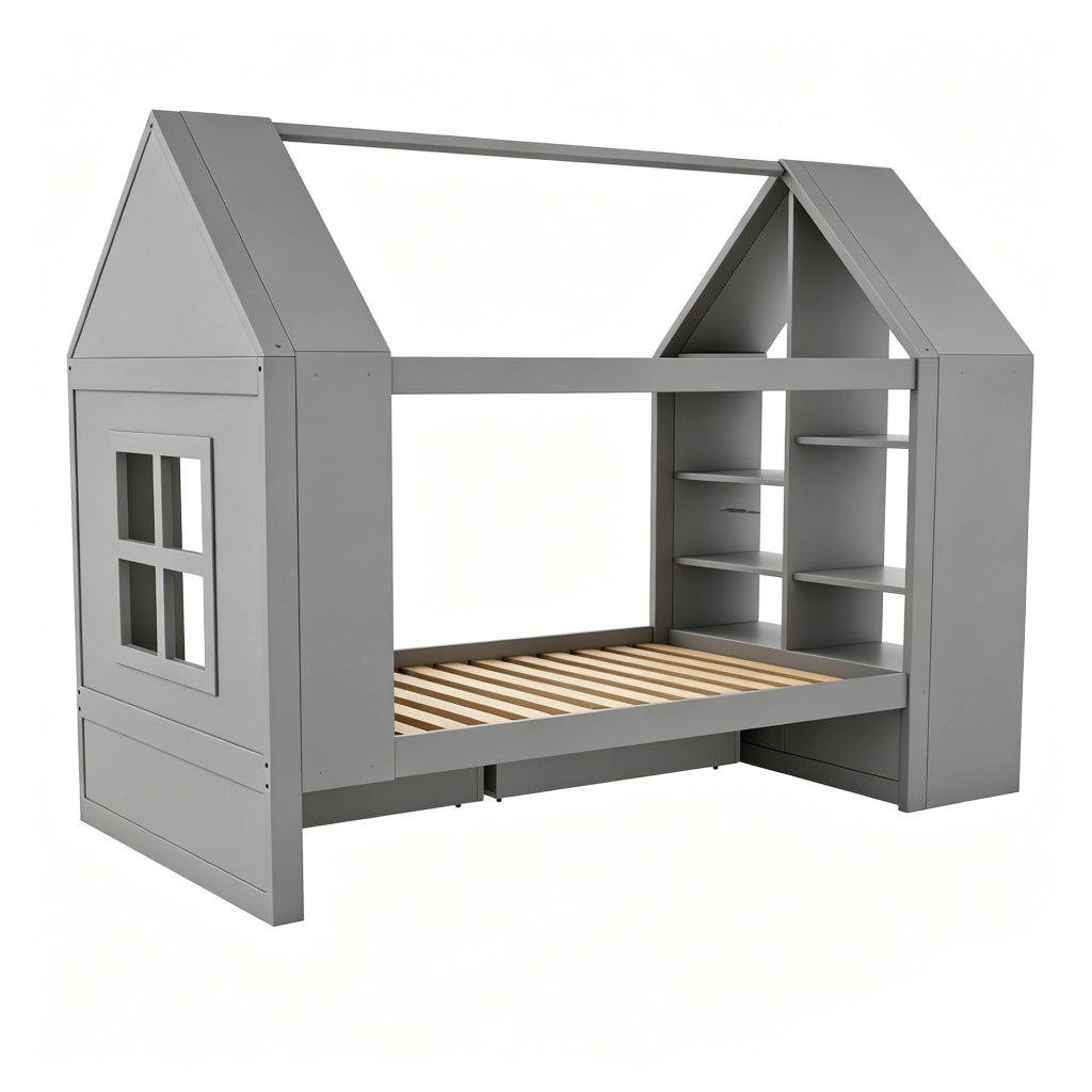 LETTO a casetta 90x200 cm in legno grigio con 2 cassetti e LED
