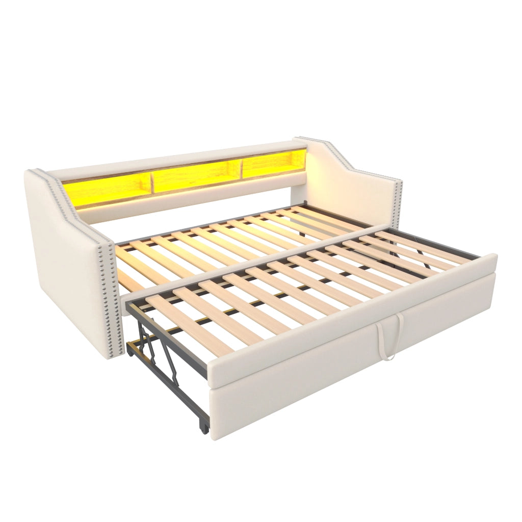 Divano letto estraibile 90x190 cm beige in lino con LED e presa USB