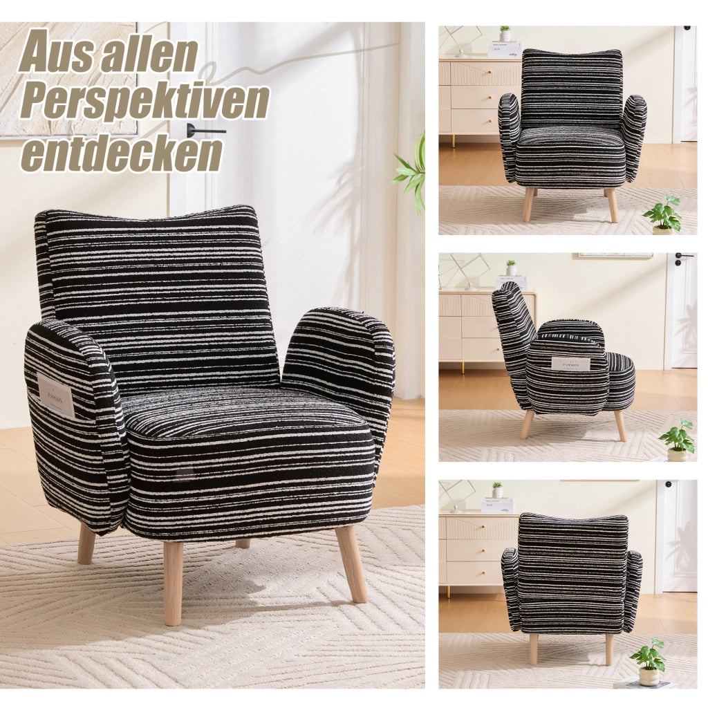 OKWISH Poltrona in Bouclé con Schienale Ergonomico, Tasca Laterale e Gambe in Legno Massello, Nera, 77 x 81 x 87 cm