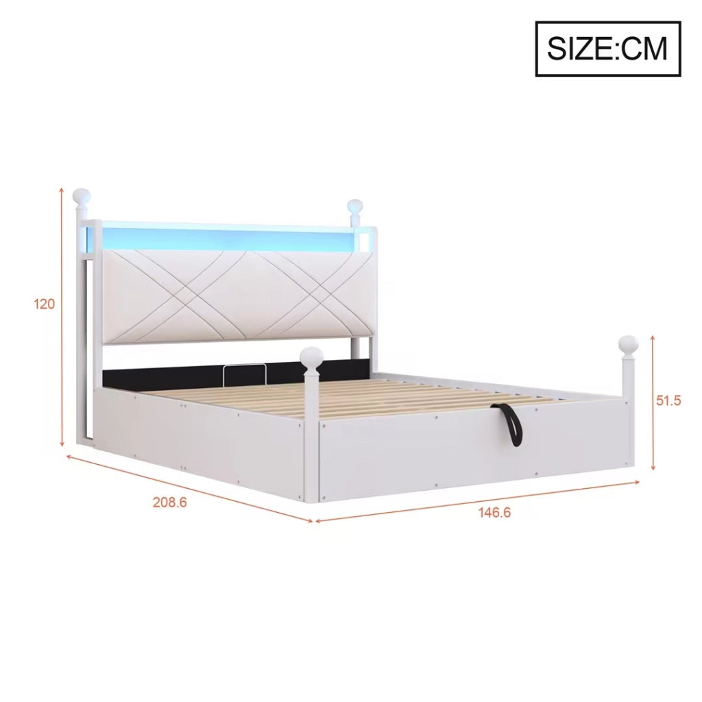 Letto matrimoniale in ferro battuto con baldacchino e LED, 140x190 cm, bianco