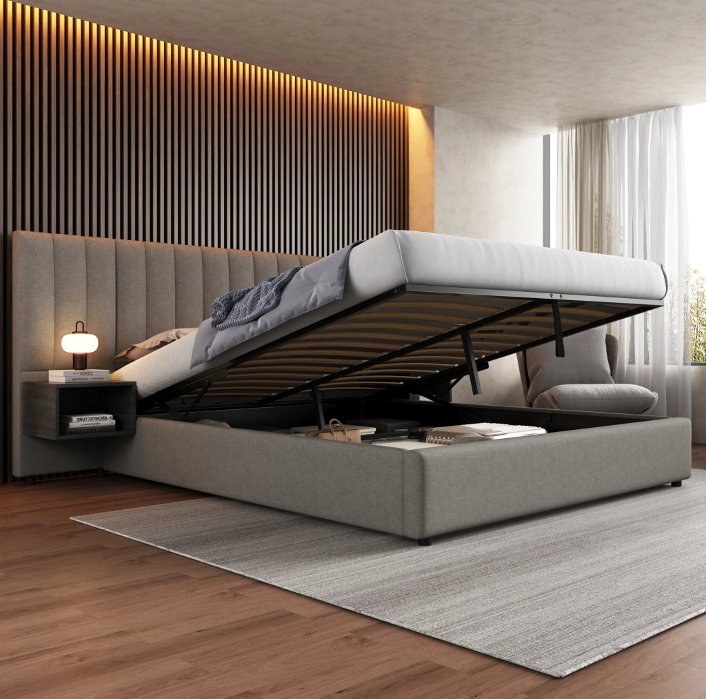 Letto matrimoniale 180x200 cm in lino grigio con contenitore idraulico; 2 comodini neri inclusi